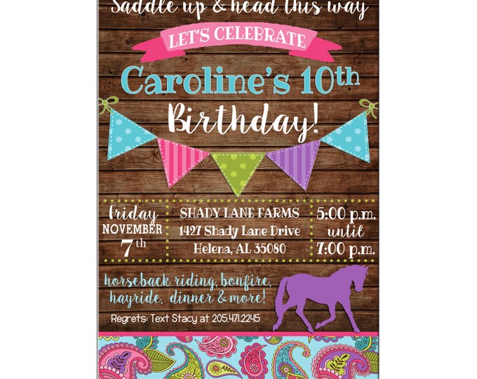 Girl Invitation Horse Horseback Riding Farm Rustic Birthday Party - Can personalize colors /wording - Printable File or Printed Cards