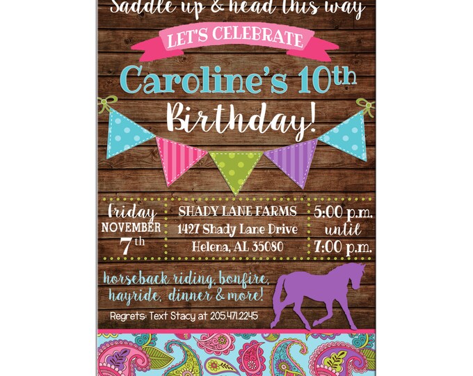 Girl Invitation Horse Horseback Riding Farm Rustic Birthday Party - Can personalize colors /wording - Printable File or Printed Cards