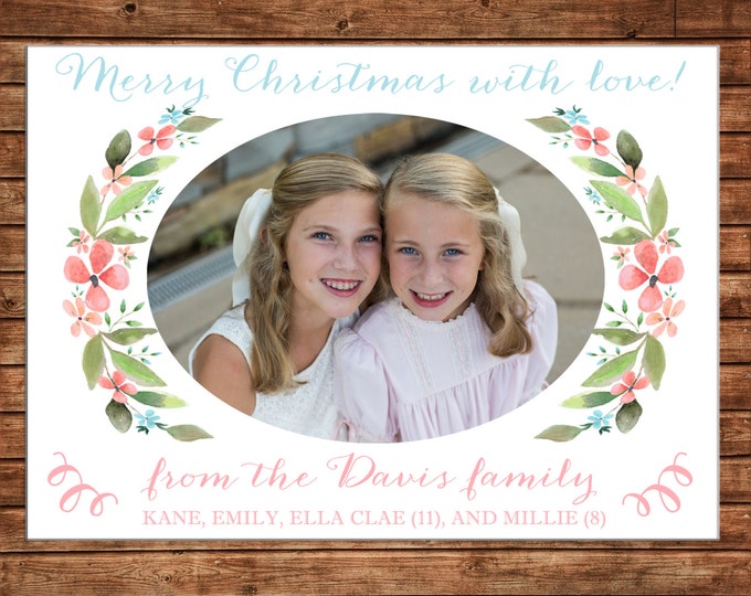 Christmas Holiday Photo Card Watercolor Floral Laurel - Can Personalize - Printable File