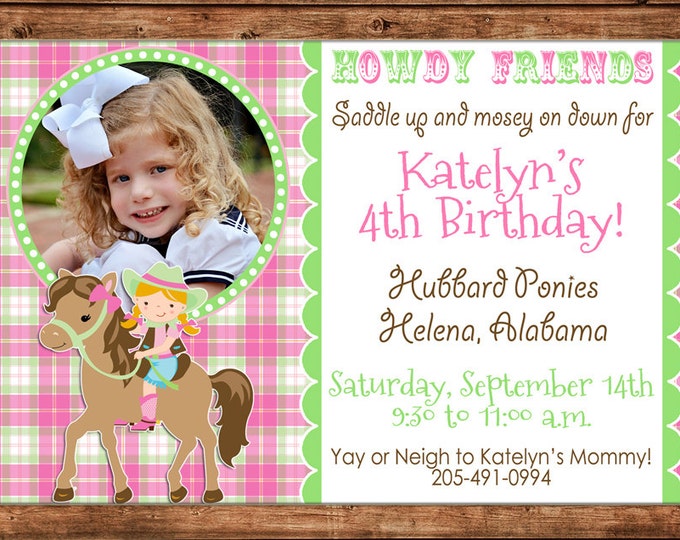 Girl Photo Invitation Horse Cowgirl Pony Birthday Party - Can personalize colors /wording - Printable File or Printed Cards