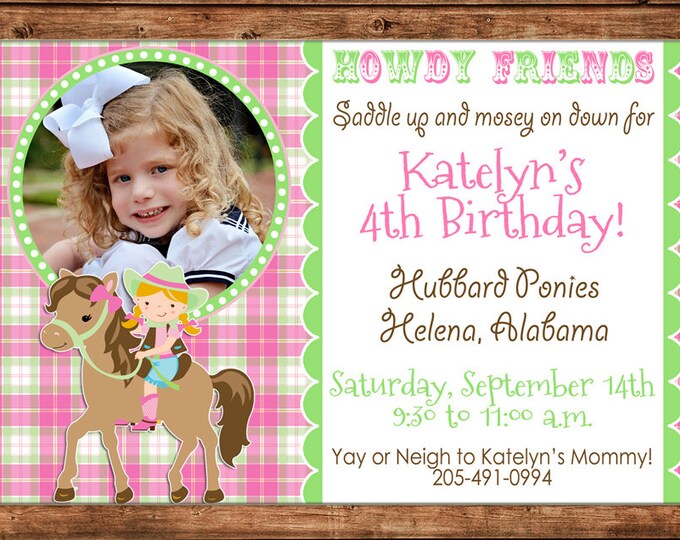 Girl Photo Invitation Horse Cowgirl Pony Birthday Party - Can personalize colors /wording - Printable File or Printed Cards