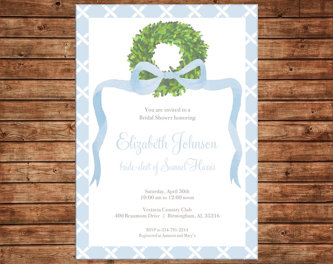 Invitation Watercolor Preppy Lattice Boxwood Wreath Baby Bridal Shower  - Can personalize colors /wording - Printable File or Printed Cards