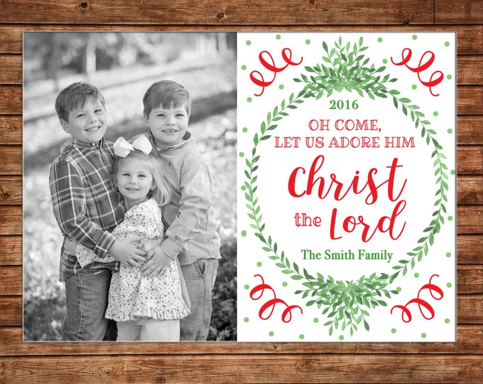 Christmas Holiday Photo Card Watercolor Greenery Wreath - Can Personalize - Printable File