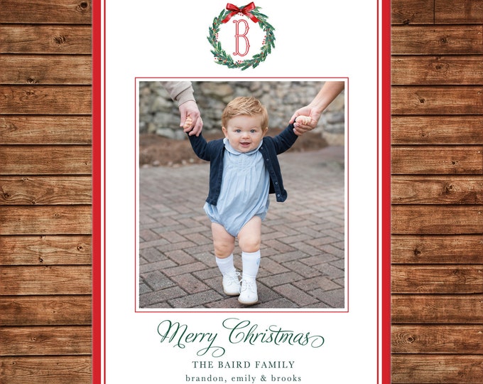 Christmas Holiday Photo Card Watercolor Wreath Monogram - Can Personalize - Printable File