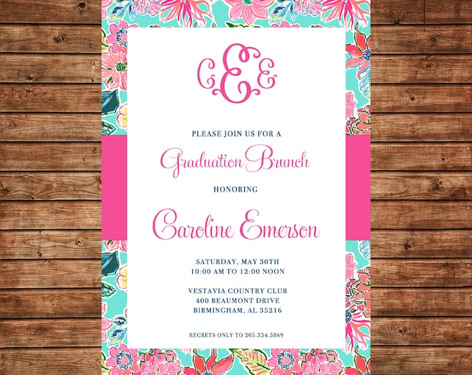 Invitation Watercolor Floral Preppy Monogram Brunch Shower Party  - Can personalize colors /wording - Printable File or Printed Cards