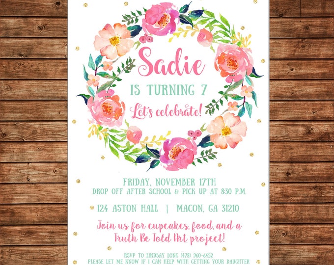 Girl Invitation Watercolor Floral Wreath Gold Shower Birthday Party - Can personalize colors /wording - Printable File or Printed Cards