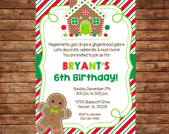 Christmas Cookie Gingerbread House Decorating Birthday Party  - Can personalize colors /wording - Printable File or Printed Cards