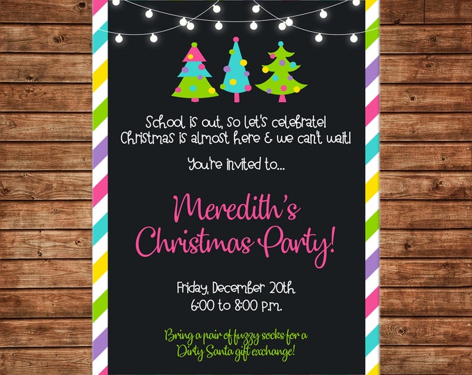 Christmas Invitation Girl Teen Party Birthday - Can personalize colors /wording - Printable File or Printed Cards