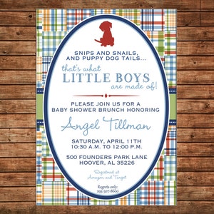 Boy Invitation Madras Plaid Puppy Baby Shower Birthday Party - Can personalize colors /wording - Printable File or Printed Cards