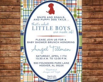 Boy Invitation Madras Plaid Puppy Baby Shower Birthday Party - Can personalize colors /wording - Printable File or Printed Cards