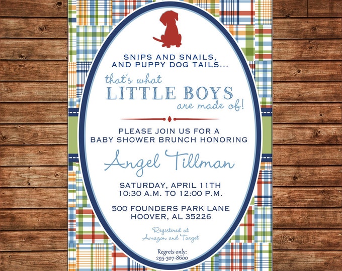 Boy Invitation Madras Plaid Puppy Baby Shower Birthday Party - Can personalize colors /wording - Printable File or Printed Cards