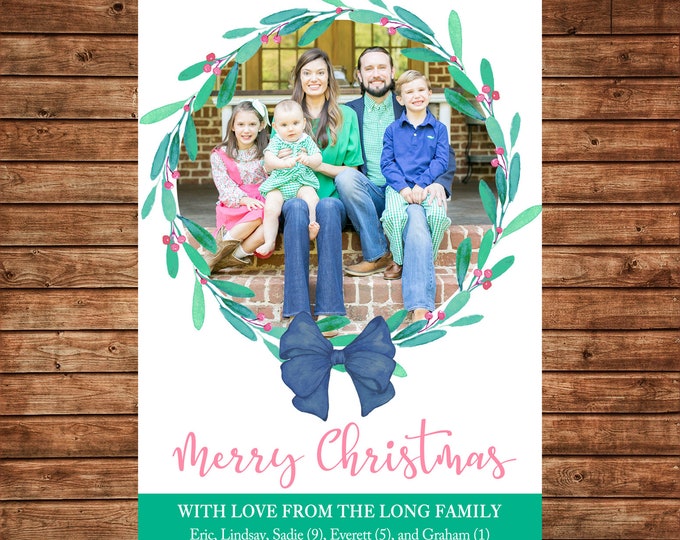 Christmas Holiday Photo Card Pink Navy Green Watercolor Wreath - Can Personalize - Printable File