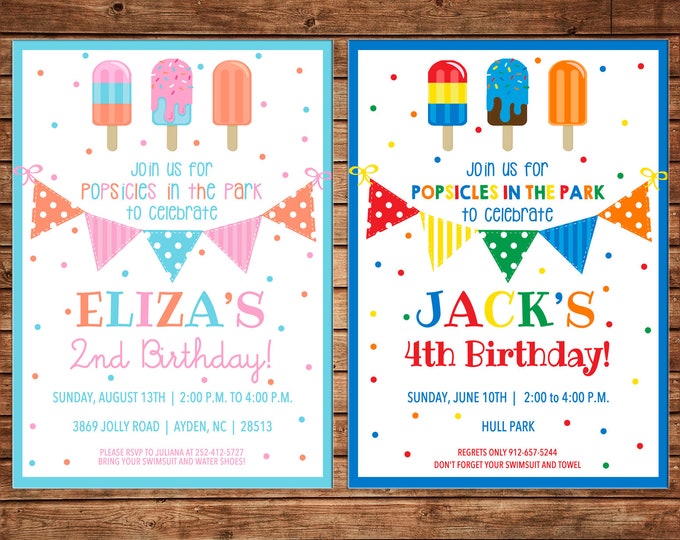 Girl or Boy Invitation Popsicles Ice Cream Truck Birthday Party - Can personalize colors /wording - Printable File or Printed Cards