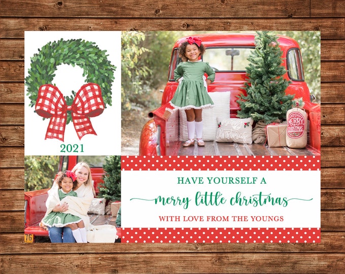 Christmas Holiday Photo Card Watercolor Boxwood Wreath Red Gingham Bow - Can Personalize - Printable File