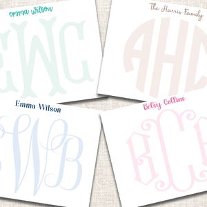 May include: Four personalized stationery cards with custom monograms. The cards feature different color schemes, including teal, light blue, and pink. Each card displays a name above the monogram, such as "Emma Wilson" and "The Harris Family."
