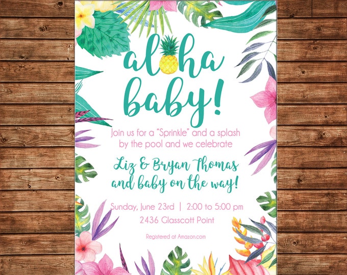 Invitation Watercolor Hawaiian Tropical Aloha Baby Luau Party - Can personalize colors /wording - Printable File or Printed Cards