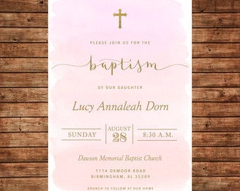Girl Invitation Pink Baptism Christening Dedication Cross Announcement - Can personalize colors /wording - Printable File or Printed Cards