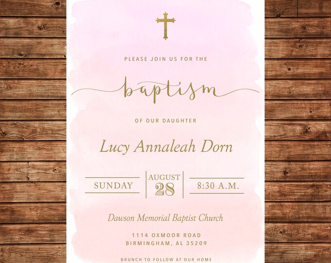 Girl Invitation Pink Baptism Christening Dedication Cross Announcement - Can personalize colors /wording - Printable File or Printed Cards