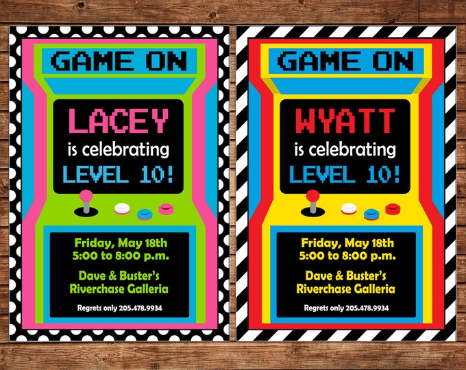 Boy or Girl Invitation Video Game Gaming Arcade Birthday Party - Can personalize colors /wording - Printable File or Printed Cards