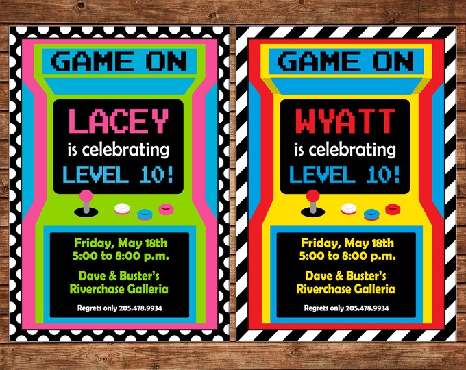 Boy or Girl Invitation Video Game Gaming Arcade Birthday Party - Can personalize colors /wording - Printable File or Printed Cards