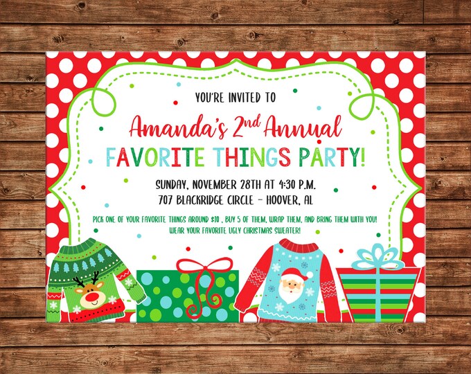 Christmas Invitation Favorite Things Sweater Party - Can personalize colors /wording - Printable File or Printed Cards