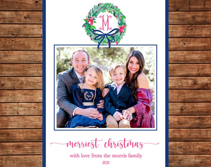 Photo Picture Christmas Holiday Card Monogram Watercolor Wreath Navy Pink - Digital File