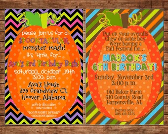 Boy or Girl Invitation Pumpkin Patch Halloween Birthday Party - Can personalize colors /wording - Printable File or Printed Cards