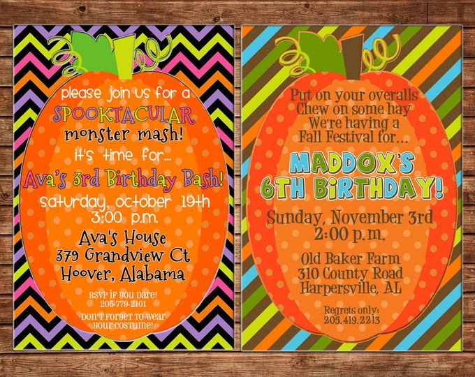 Boy or Girl Invitation Pumpkin Patch Halloween Birthday Party - Can personalize colors /wording - Printable File or Printed Cards