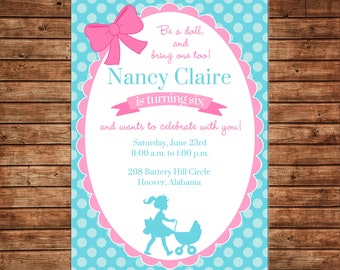 Girl Invitation Baby Doll Stroller Birthday Party - Can personalize colors /wording - Printable File or Printed Cards