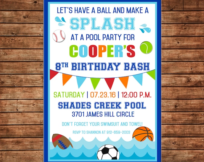 Boy Invitation Sports Baseball Football Basketball Pool Birthday Party - Can personalize colors /wording - Printable File or Printed Cards