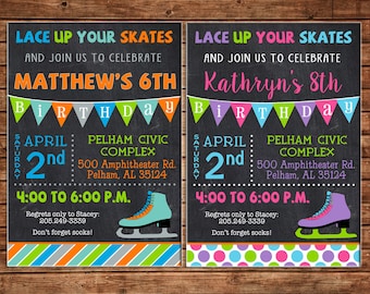 Boy or Girl Invitation Ice Skating Bright Colors Birthday Party - Can personalize colors /wording - Printable File or Printed Cards