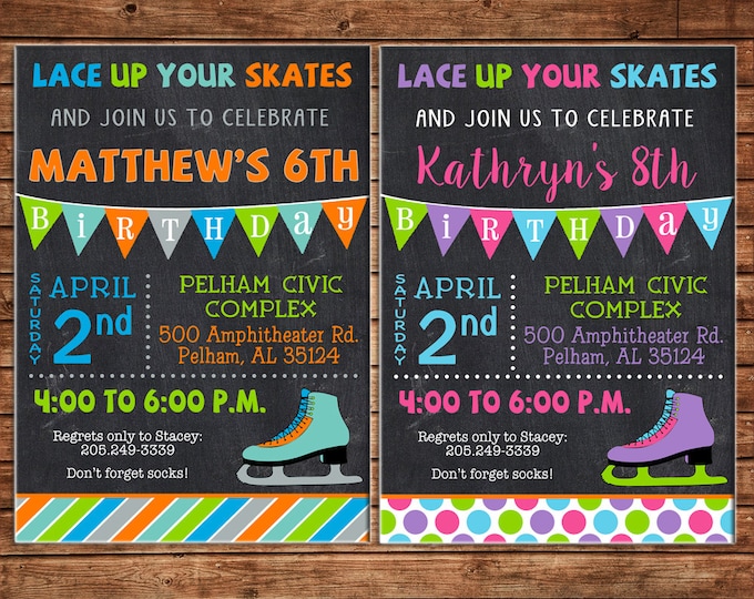 Boy or Girl Invitation Ice Skating Bright Colors Birthday Party - Can personalize colors /wording - Printable File or Printed Cards