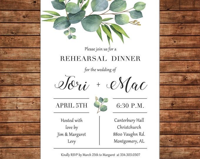Invitation Watercolor Greenery Rehearsal Dinner Bridal Shower Wedding  - Can personalize colors /wording - Printable File or Printed Cards