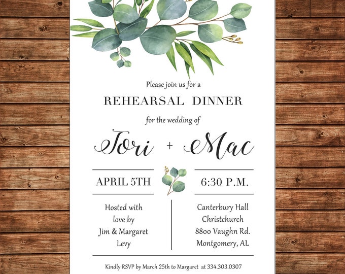 Invitation Watercolor Greenery Rehearsal Dinner Bridal Shower Wedding  - Can personalize colors /wording - Printable File or Printed Cards