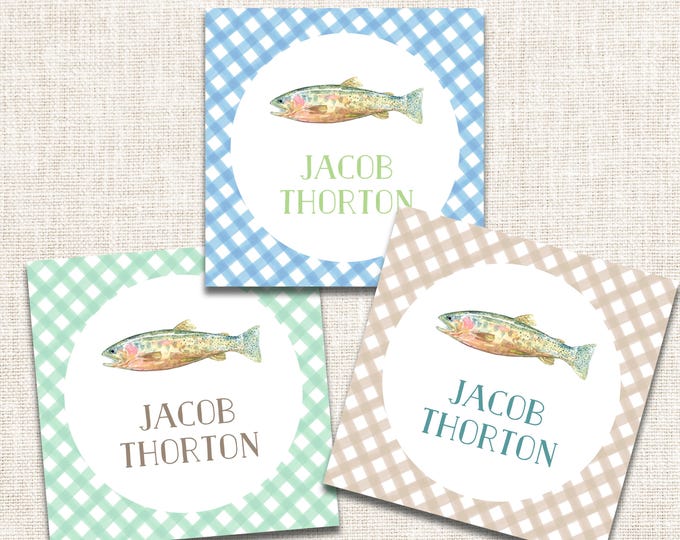 Personalized Boy Gift Tags, Boy Enclosure Cards, Boy Gift Stickers, Fish Gift Tags