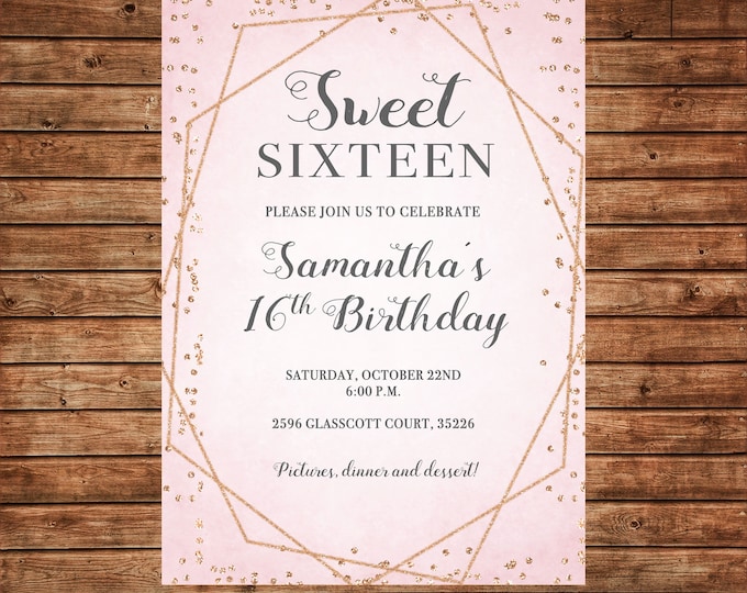 Girl Invitation Pink Gold Glitter 16th Birthday Party - Can personalize colors /wording - Printable File or Printed Cards