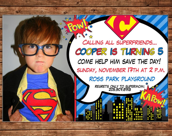 Boy Photo Invitation Superhero Super Hero Shield Birthday Party - Can personalize colors /wording - Printable File or Printed Cards