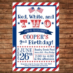 Boy or Girl Invitation Red White Two Patriotic Birthday Party Can personalize colors /wording Printable File or Printed Cards image 1