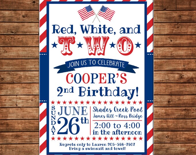 Boy or Girl Invitation Red White Two Patriotic Birthday Party - Can personalize colors /wording - Printable File or Printed Cards