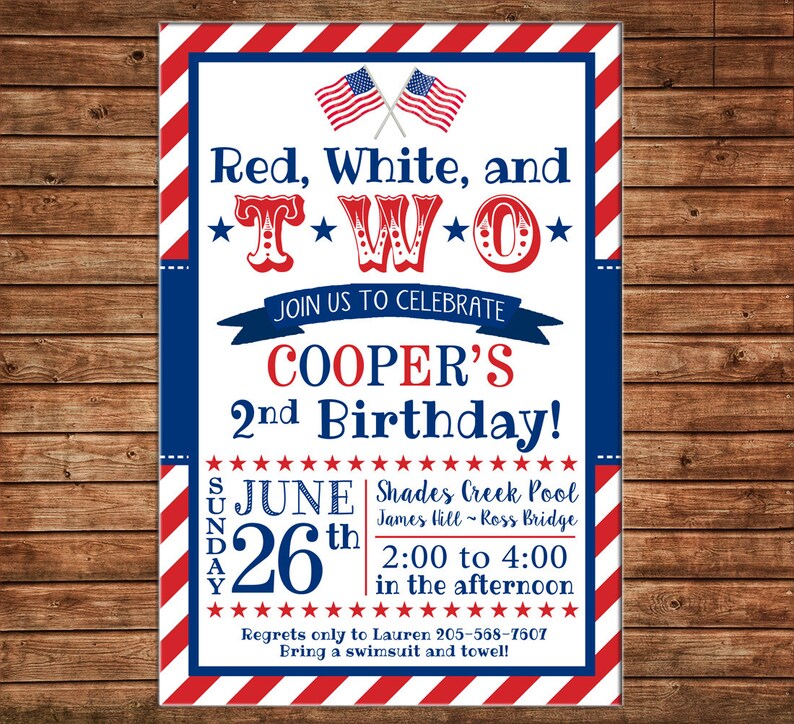 Boy or Girl Invitation Red White Two Patriotic Birthday Party Can personalize colors /wording Printable File or Printed Cards image 1