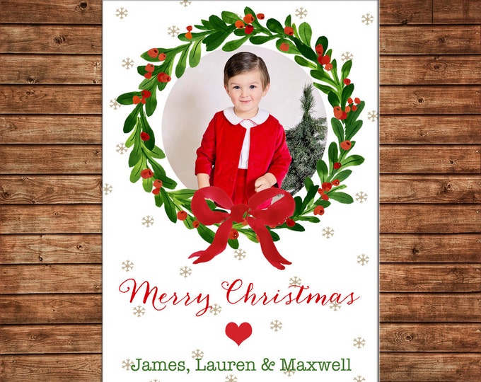 Christmas Holiday Photo Card Watercolor Wreath Ribbon - Can Personalize - Printable File