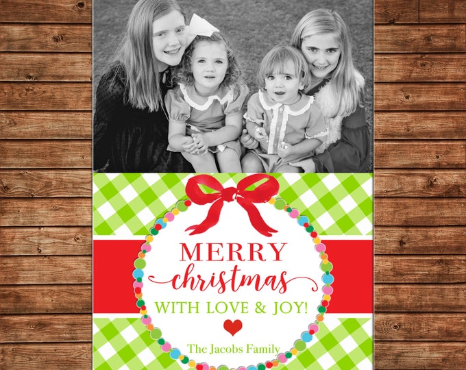 Christmas Holiday Photo Card Baubles Wreath Ribbon Gingham Check - Can Personalize - Printable File