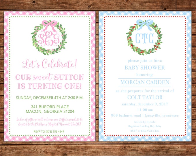 Boy or Girl Invitation Watercolor Monogram Wreath Christmas Shower Party - Can personalize colors /wording - Printable File or Printed Cards