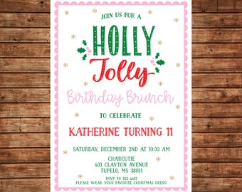 Christmas Invitation Holly Jolly Birthday Brunch - Can personalize colors /wording - Printable File or Printed Cards