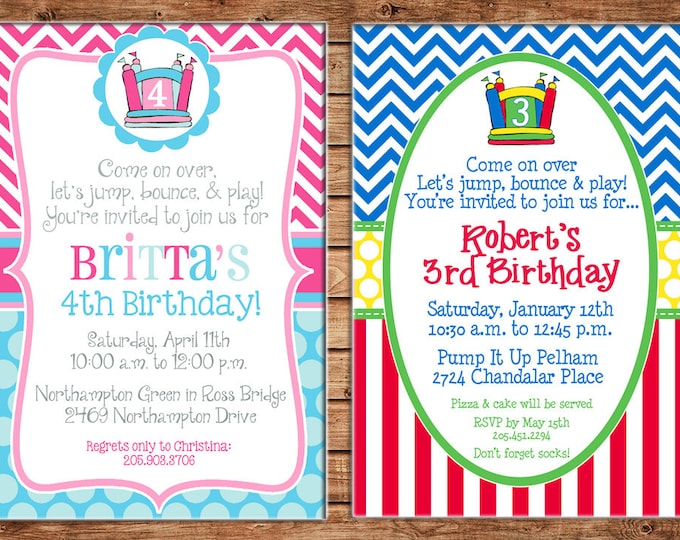 Boy or Girl Invitation Bounce House Inflatable Birthday Party - Can personalize colors /wording - Printable File or Printed Cards