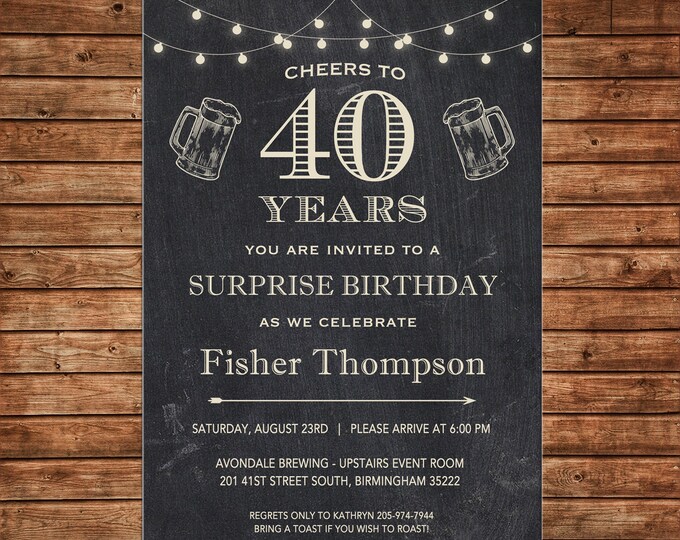Invitation Chalkboard Cheers Beer Surprise Masculine Birthday Party - Can personalize colors /wording - Printable File or Printed Cards