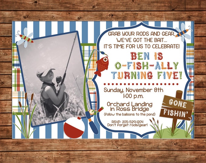 Boy Photo Invitation Madras Fishing Camping Outdoors Birthday Party - Can personalize colors /wording - Printable File or Printed Cards