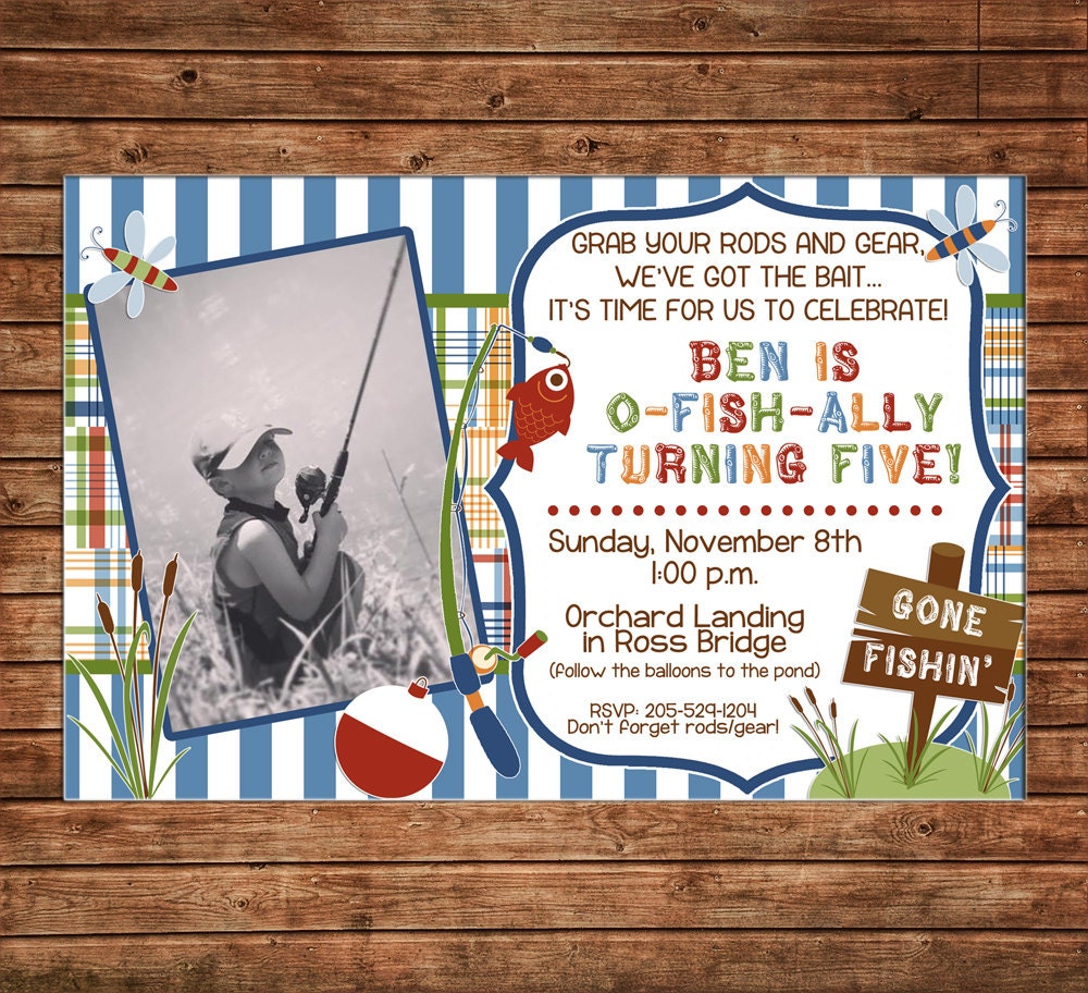 Boy Photo Invitation Madras Fishing Camping Outdoors Birthday Party - Can  personalize colors /wording - Printable File or Printed Cards