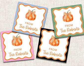May include: Square gift tags with a watercolor pumpkin illustration and the text "FROM The Roberts." The tags have scalloped orange borders and come in blue, green, pink, and black backgrounds. The pumpkin has a plaid bow.