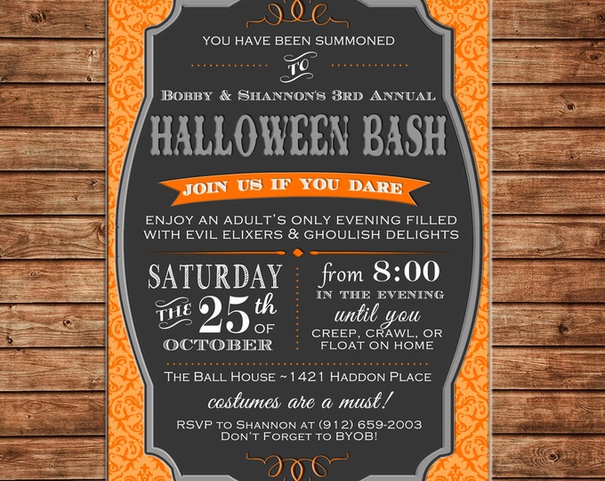 Halloween Invitation Haunted House Typography Adult Birthday Party - Can personalize colors /wording - Printable File or Printed Cards